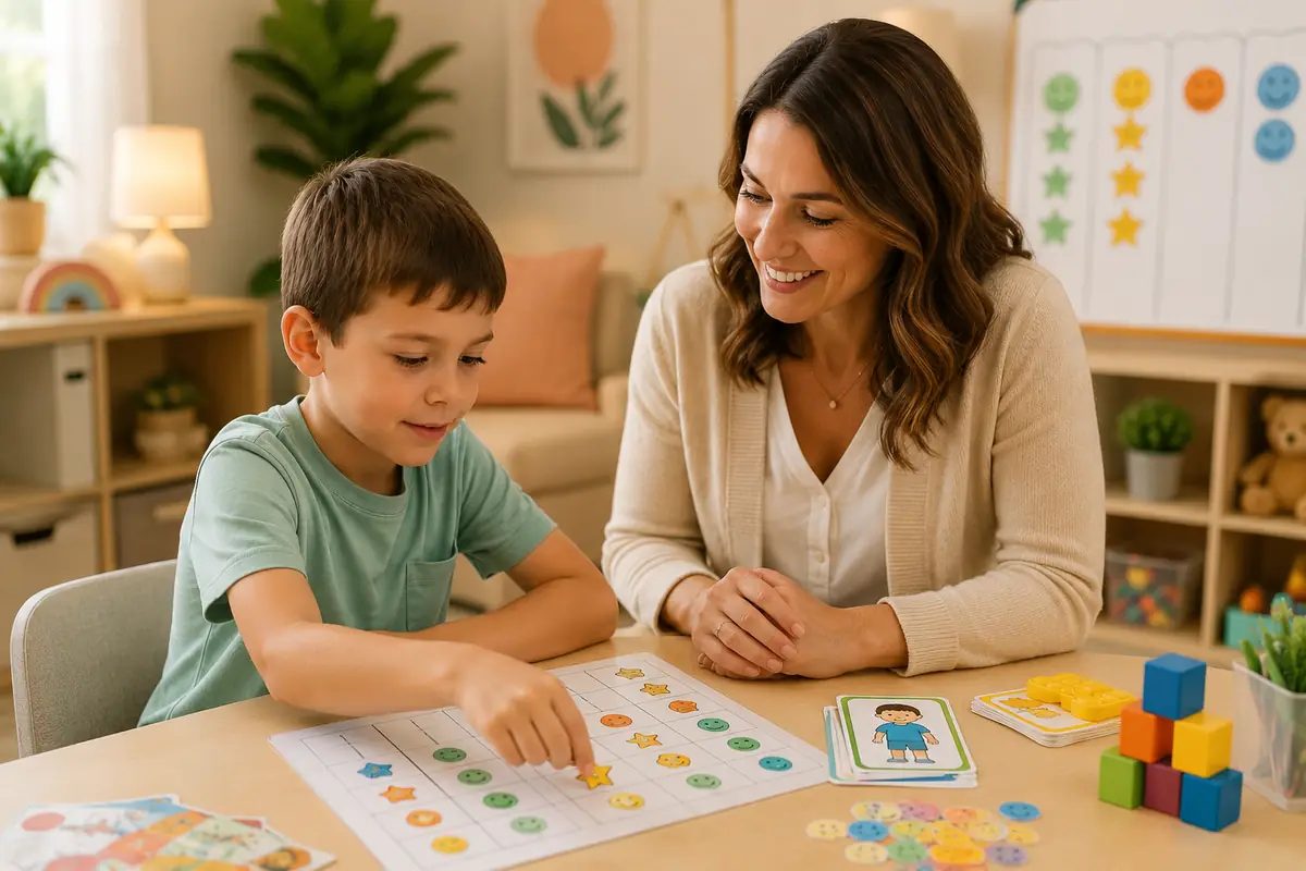 ABA-based support session with therapist and child using structured learning materials