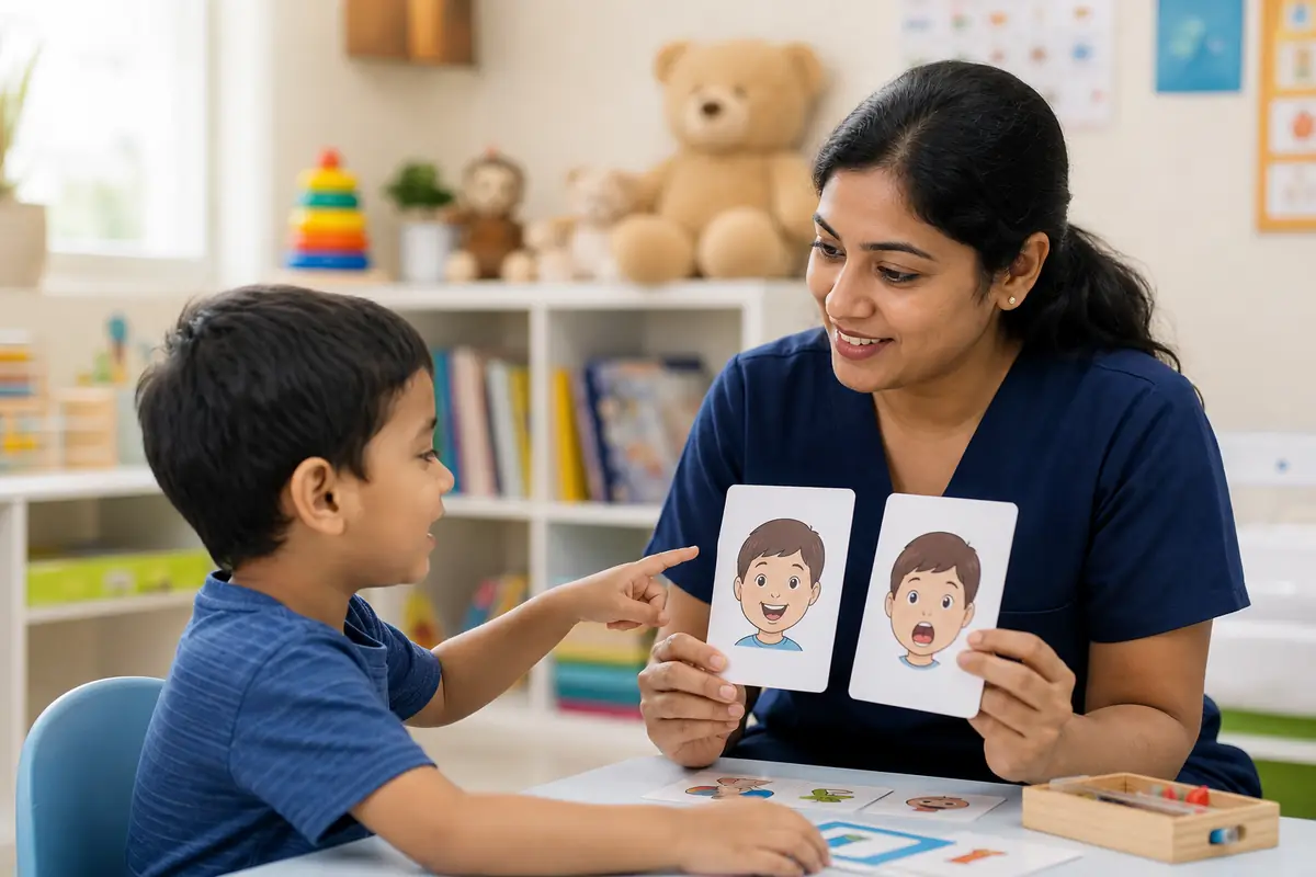 Speech therapist working one-on-one with a child using picture cards in a bright therapy room