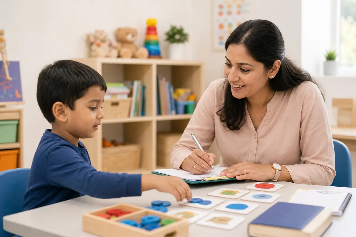 Child psychologist conducting a structured assessment session with a young child in a calm clinic room