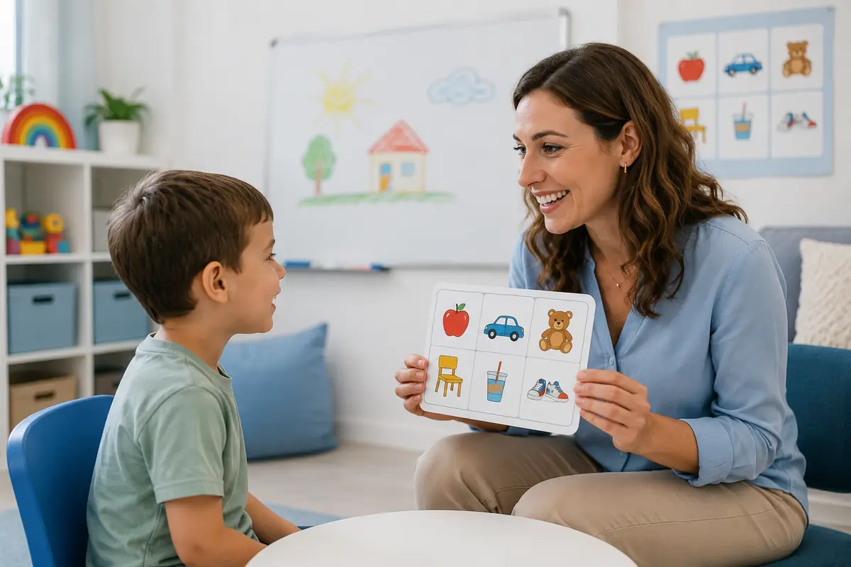 Speech therapy session using picture prompts and guided communication practice